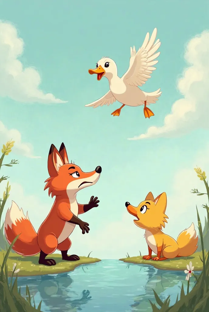 Prompt: As the fox lunges toward the duck, the clever bird quickly flaps its wings and flies up into the sky. The fox’s expression turns from confidence to shock as he realizes he has been tricked. The duck soars above the pond, looking down with a victori...