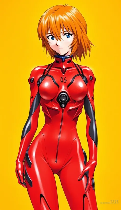 Full Body Image、wide-angle lens、最high quality,  masterpiece,   style  , 8k Wallpaper、 masterpiece、最  high quality 、high quality、high detail、absurd,    latest,  female 1 person、Rebuilding Sōryu Asuka Langley  、Orange Hair、  blue eyes、 red plug suit、wide hip...