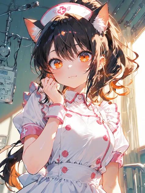 (Cat ears、wear gold-decorated goggles over her head:1.35),Nurse Costume, Hair Tucking  , head tilt,   very cute face, cute girl,  alone,   short hair, ponytail hair,   black hair with brown tips, Orange Eyes, big breasted,    cross piercing earrings   ,   ...