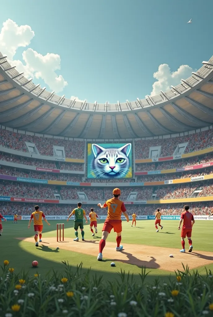 The players playing cricket in a stadium and the screen of the stadium have cat like shape