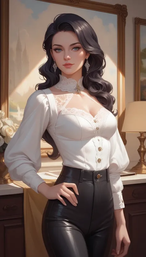 (masterpiece, best quality, 8k, oil painting),
a poised woman with flowing dark hair, wearing a crisp white blouse and high-waisted black trousers,
standing against a warm, softly lit background, reminiscent of Renaissance portraiture,
rich brushstrokes, s...