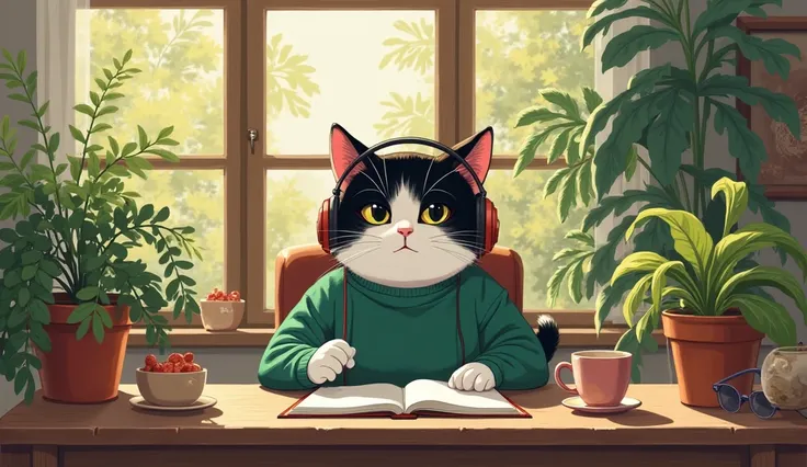 1:""main character""
Slightly fat black and white cat(realistic)

2:"place"
I'm studying sitting at a, the sun shines in,coffee and foliage plants on the table

3:"" Fashion ""
wearing a green sweater,big headphones

4:" action"
sitting at a table studying...