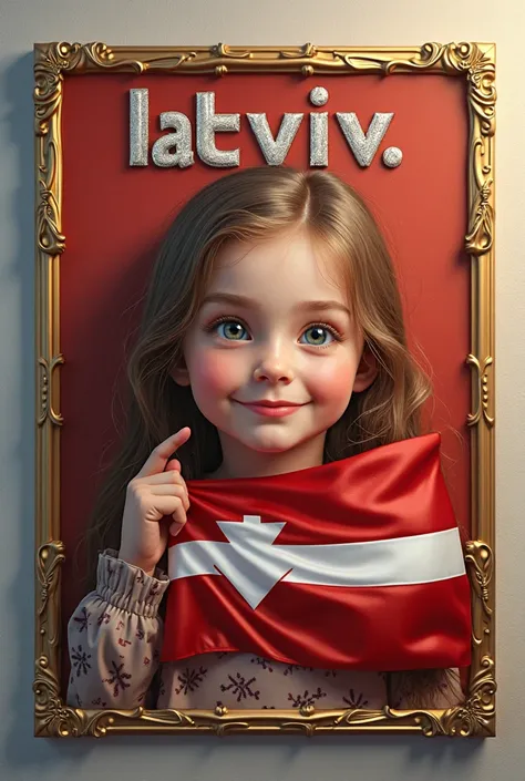 full hd 4D rectangular photo frame 1200px 338px. This realistic image features a graphic design for "latvia.vn" with a girl holding the Latvian flag, with stylish text and a shining look. Text written in silver and dark yellow with effects, set background ...