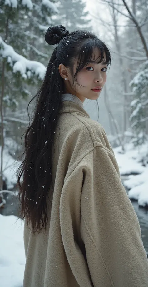  High quality. A real Oriental Japanese girl with 18 years old with beyond floor length black hair and see her "whole" body wearing thick lambswool traditional Wafuku standing nearby hot springs inside the forest, must see her whole body. The scenario of f...