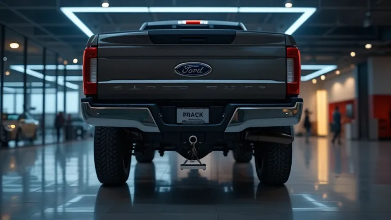 A high-resolution cinematic ultra HD 8K image of the Ford Super Duty’s towing hitch and rear bumper inside a well-lit showroom, emphasizing its heavy-duty capabilities. The polished showroom floor reflects the vehicle’s design.  
