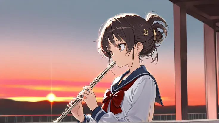 ( masterpiece, Highest quality:1.2),  extremely detailed,  soft ambient lighting , sharp concentration, 4K,1 girl, Gold,Hairstyle： semi-long,Age 15,Winter uniform（ sailor suit）,flute, fluteを吹いている女の子,place:garden, Time Zone:evening, background:bright red su...