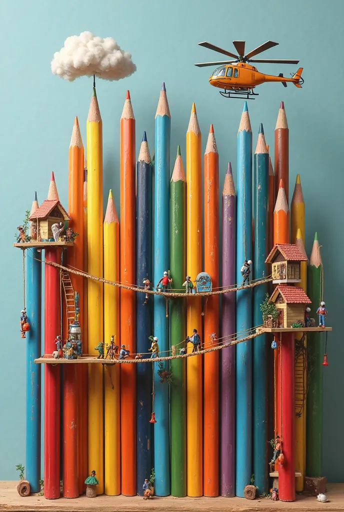 "A row of tall colored pencils stand upright on a desk, appearing as towering skyscrapers. Tiny houses, ladders, and bridges connect the pencils, forming a vibrant city where little people live and work. Some figures are seen painting the pencils, while ot...