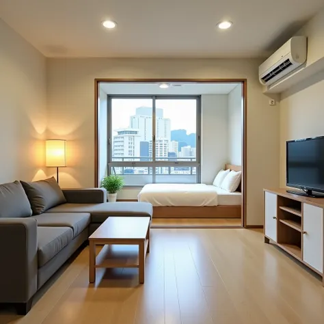 pictures of Tokyo apartments、simple furniture without patterns、Photorealistic、TV on the right、sofa on the left、Air conditioner in the upper right corner、Light Beige Wood Grain Flooring、table in front of the sofa、Bed at the back of the room https://SP.able....