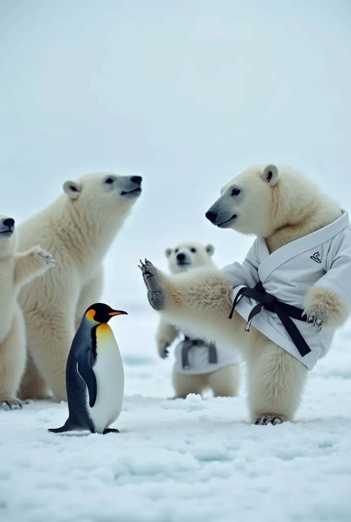 – A tiny penguin wearing a karate gi is teaching a group of serious-looking polar bears how to perform high kicks on an icy dojo. The bears struggle to balance, while the penguin looks incredibly confident.
