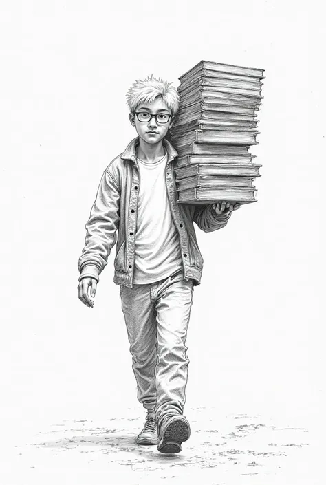 An 18 year old boy with white hair and glasses. He was taking a large stack of books from the box. Pencil sketch art