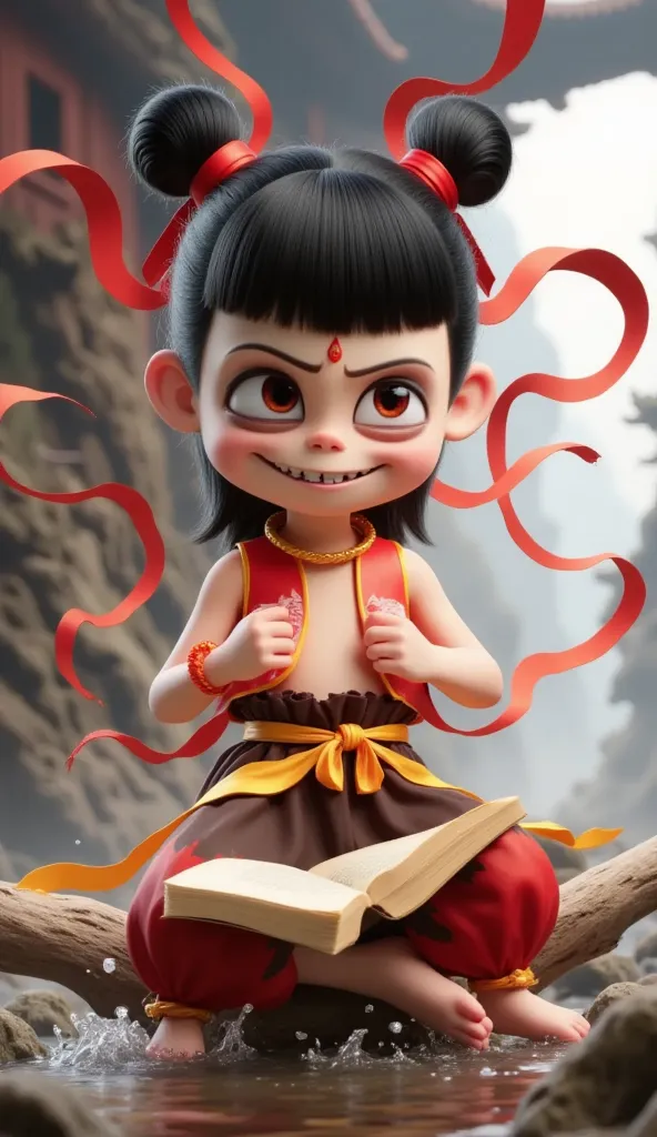 Chinese black and white painting, overall illustration style, CGI image of a cute young Asian boy with black hair tied in a bun, wearing a red and gold outfit, a belt, and red ribbons fluttering around her. She has a pair of wide, toothy smiling feet and a...