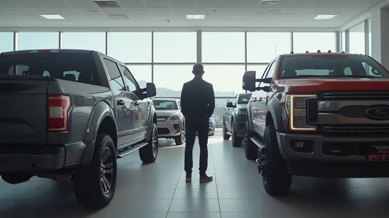 A cinematic ultra HD 8K image of a customer taking a final look at both the Ford Maverick and Ford Super Duty inside a showroom, contemplating their purchase decision. The bright lighting highlights both vehicles beautifully.  
