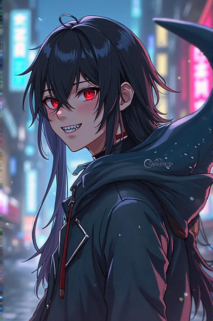 zenless zone zero, anime, style animé, human, shark, tail, tail shark, male, hair, long hair, hair black, Piercing, ear piercings, eyes, red eyes, smile, teeth, shark teeth, metal teeth,shark