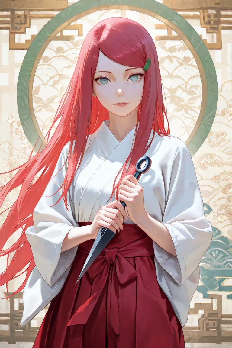 solo, Uzumaki Kushina with pale blue-green no pupil eyes wearing a yukata-like top and red skirt with shorts underneath, holding a kunai, Japanese theme, masterpiece, best quality, UHD