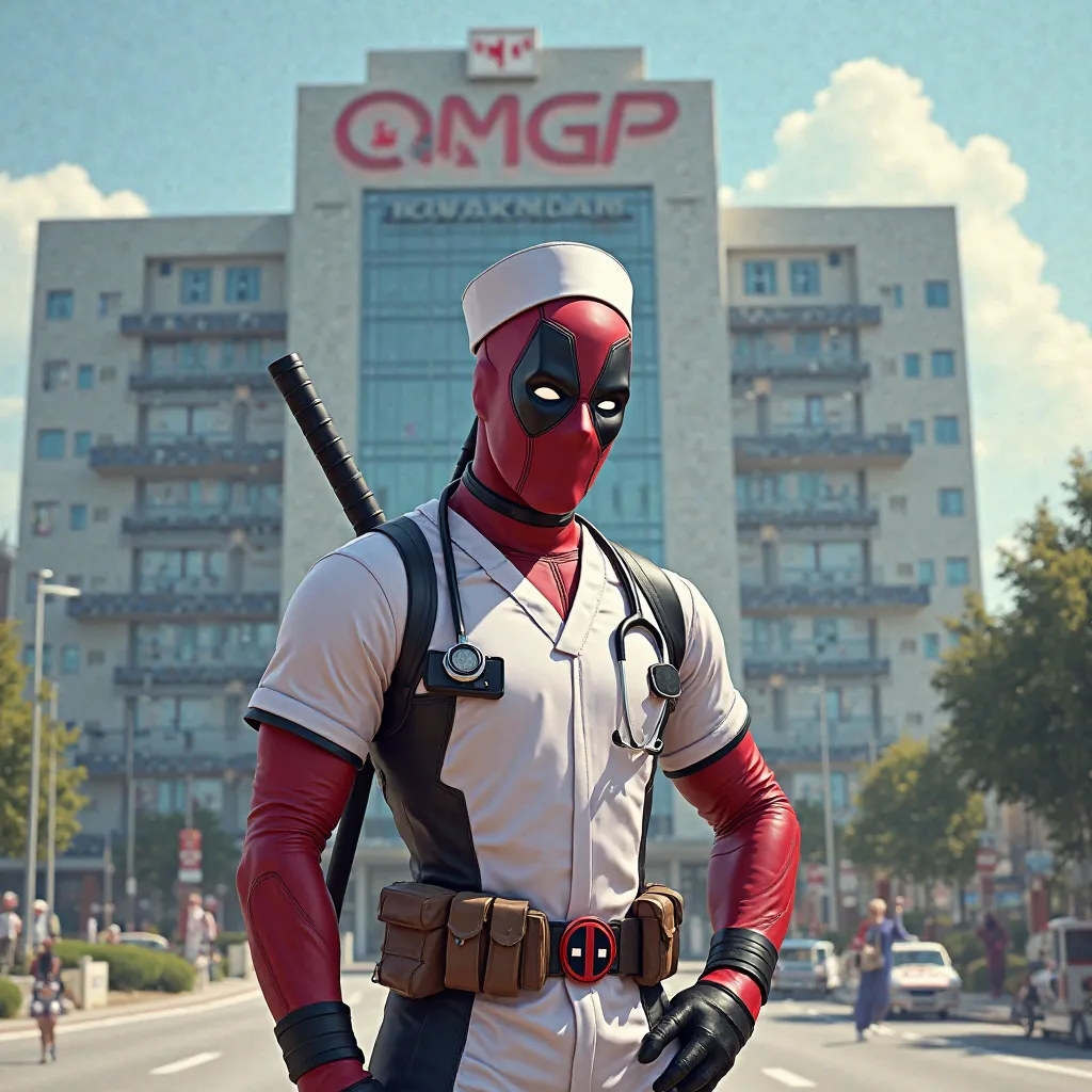 Deadpool dressed up as a nurse, In the background there is a hospital called 'OMGP'