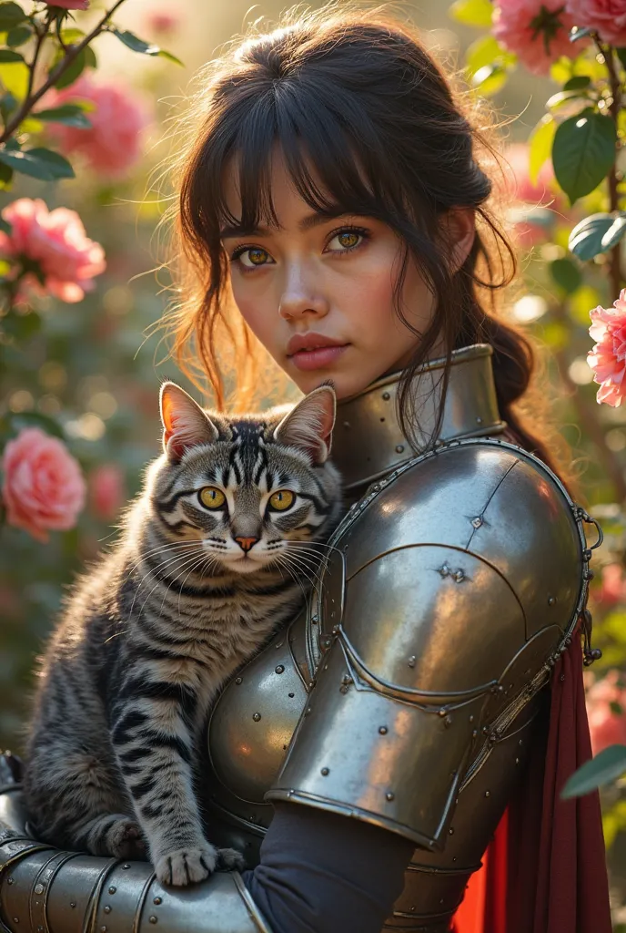 profile portrait of a woman with brown hair and bangs, brown eyes, with full armor holding a gray striped cat. The background is a rosebush with a fairycore touch. Afternoon sunlight. —ar 4:5 —s 750