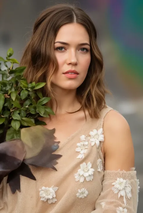 best quality, highres, 8k, masterpiece, photography, detailed midbody photorealistic portrait. Mandy Moore wears a bohemian-inspired wedding dress with a fitted bodice and a flowing, asymmetrical skirt. The dress features hand-painted floral patterns and d...