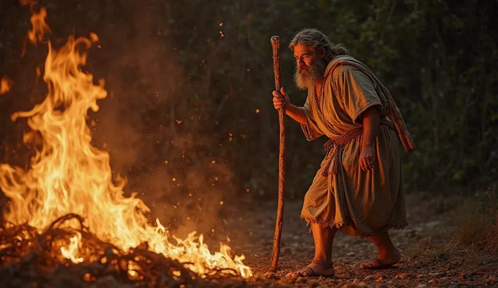 Prompt: Moses cautiously stepping toward the burning bush, his staff in hand. His body language shows curiosity mixed with hesitation. The flames flicker mysteriously, illuminating his face. The background remains dark, highlighting the supernatural moment...