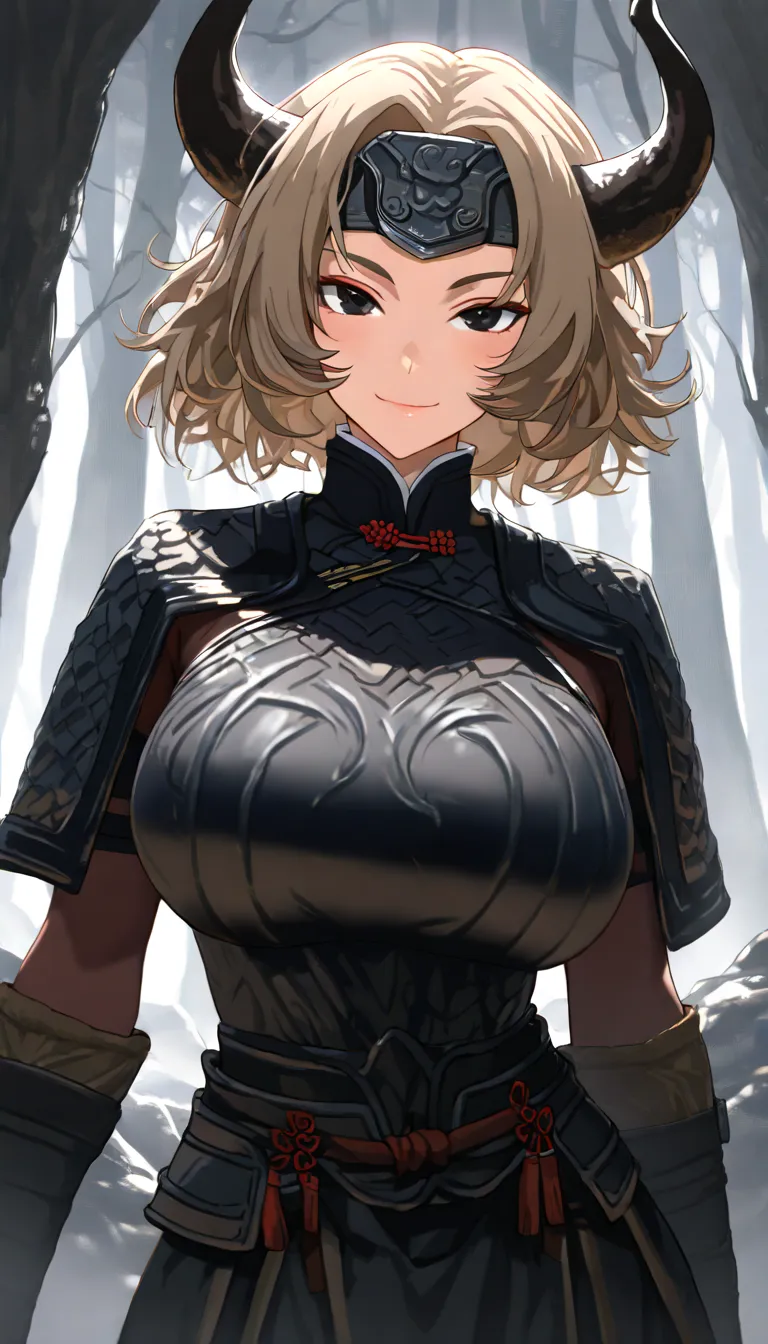 A buffalo Female ,buffalo horns, Perfect body,Oppai (short hair, light brown hair, messy hair, parted bangs),buffalo Metal Forehead Protector, Black eyes, Wearing A Dark buffalo armor (Chinese Armor,Matte), Open pose, seductive smile, In A Stone forest, UH...