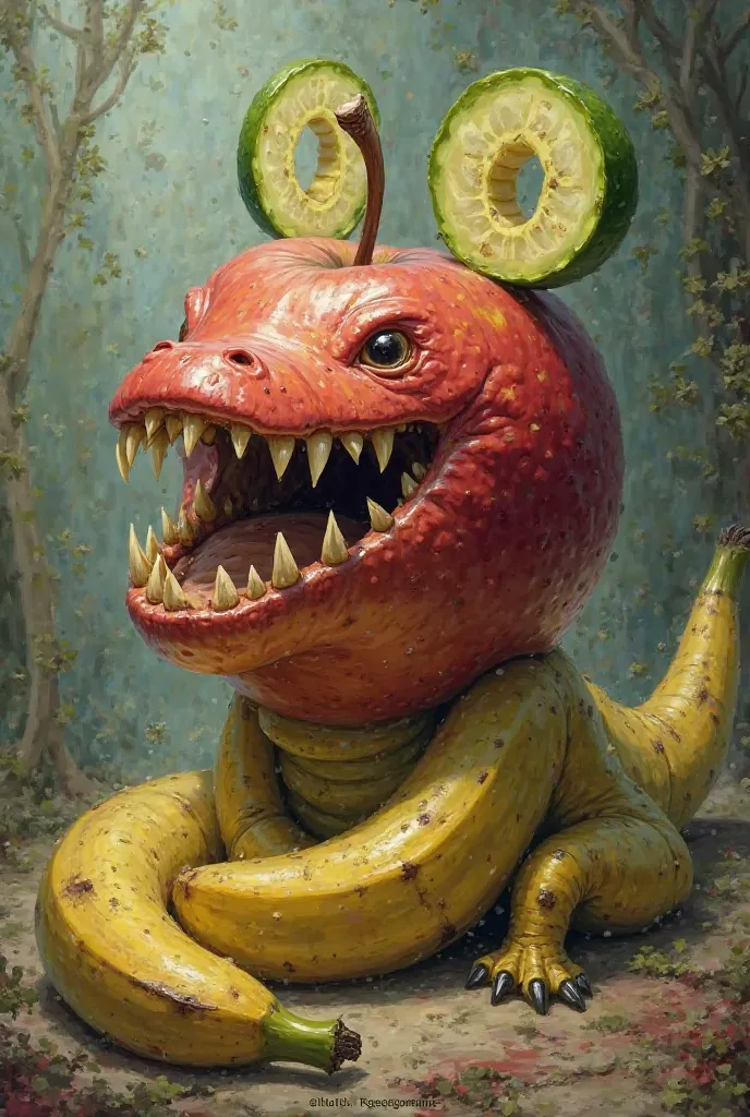 generate me an apple crocodile with a banana tail and cucumbers ears