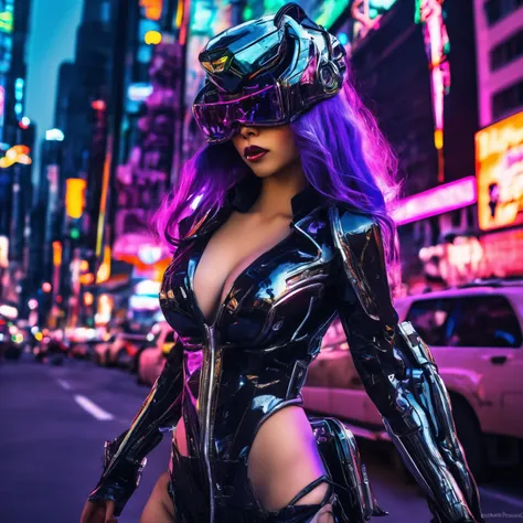 Woman (cute, chrome goggles, sexy outfit, saggy natural breasts huge, sexy black leather outfit, many blinking gadget accessories), confident walk through futuristic alien city (Cybertron of Transformers fame, living metal city, ultra high tech, robots in ...