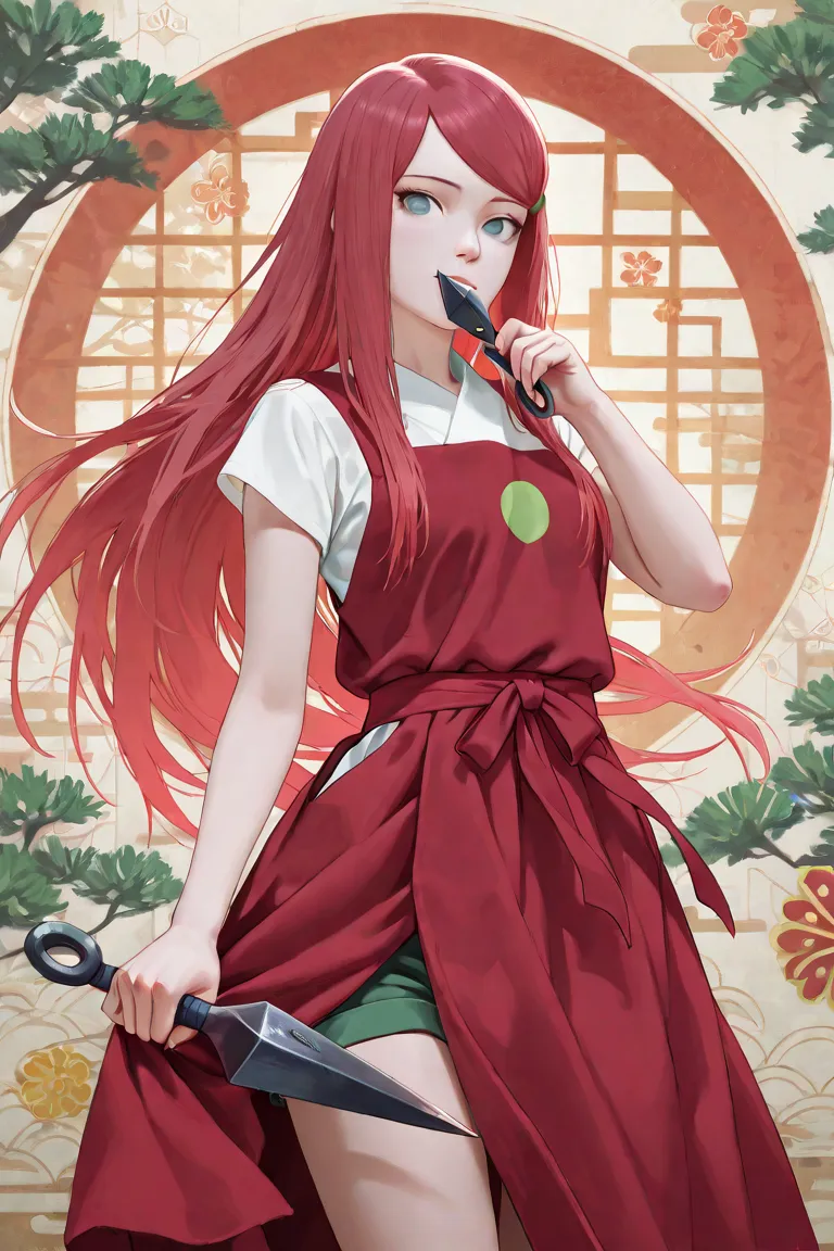 solo, Uzumaki Kushina with pale blue-green no pupil eyes wearing a yukata-like top and red skirt with shorts underneath, holding a kunai, Japanese theme, masterpiece, best quality, UHD