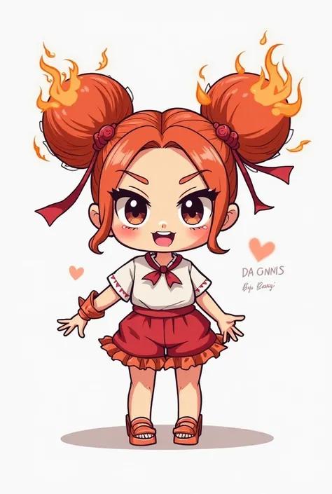 1. Nana

Hairstyle:  Double Ball Head ，Flame Hair Accessory

facial features: big eyes，Small nose，grins，showing fangs

You can add lotus elements: Red bellyband，Ruffle Shorts，mixed sky

Features:  Hot Wheels，Fire tip gun，Qiankhun Circle，with an unruly expr...