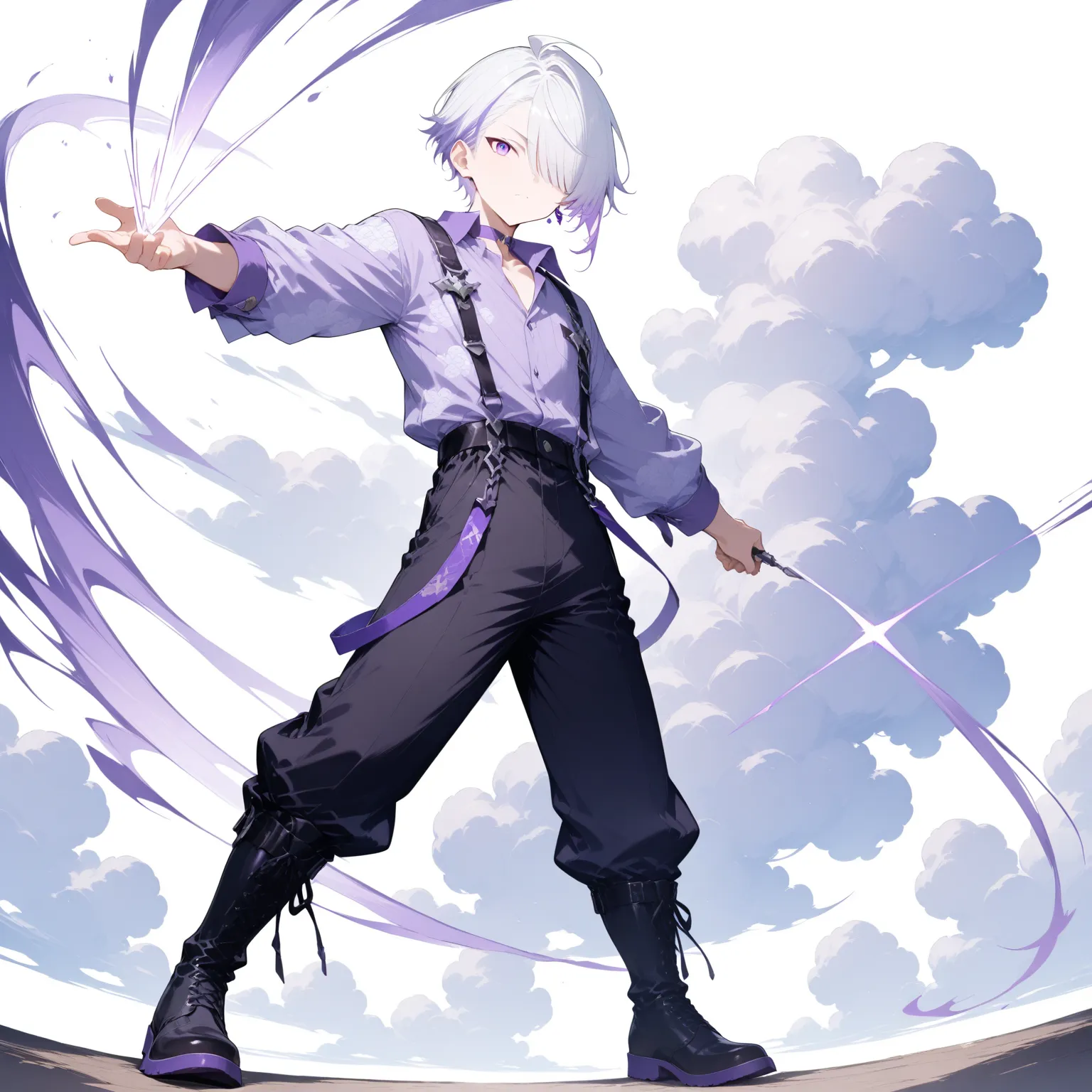 masterpiece, high score, great score, absurdres,
1boy, sranding,male focus, 20-yo, クモイエイテル, full body, toned,twink,white hair, side-parted, lilac highlights, hair over one eye,purple eyes, single purple earring/ (left ear/),(japanes clthes:0.8),light purpl...