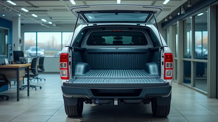 An ultra HD 8K cinematic image of a Ford showroom featuring a Ford Maverick’s open tailgate, showing its practical and compact truck bed. The bright lighting highlights the materials and structure of the truck bed.  
