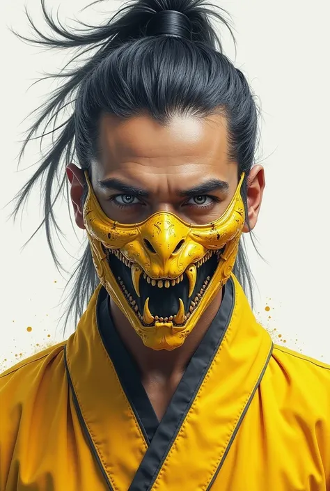  portrait,  man,  realistic, (Scorpion white cloudy eyes, black top of the head , yellow mask with teeth, yellow sleeveless kimono, Mortal Kombat 1, 2023), 8 k, cinematic,  watercolor style,  trending on ArtStation ,  clear focus , studio photography, intr...