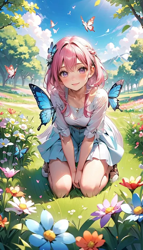  cute  wishing for happiness、Butterflies and flowers、Spring scenery、 crouch、HD、Highest quality、anime style