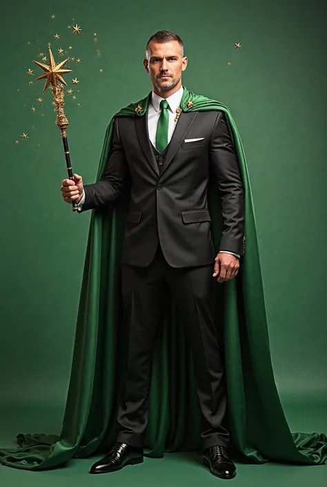 Handsome handsome muscular man undercut hair, Oviloss ocentista,well-cut black suit,, thin costumes very muscular,  black pants green cape green long green cape,big enormous arms, stronger musculous, bulge , juicy Pecs, Tiddies gigantic , Golden star wand ...