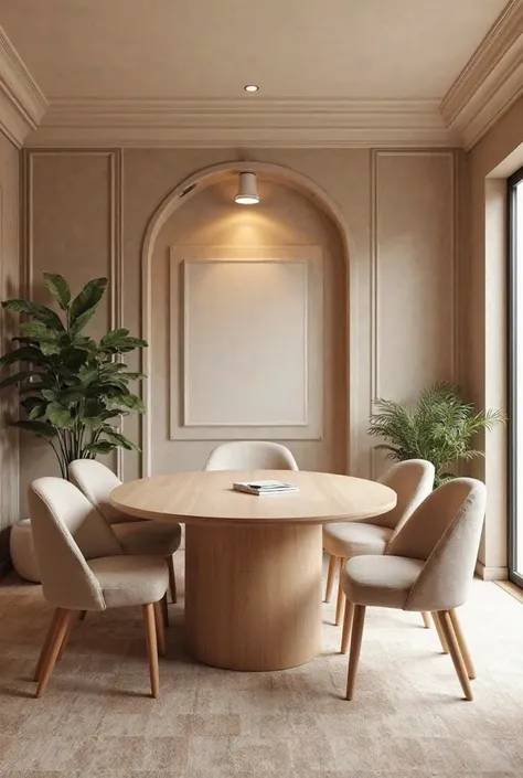 Créer des images pour un bureau de médiation avec des couleurs Grèce et beige une table grande ovale au centre des chaises confortables rangement tableau plante sachant qu'au dos du mur il y a une porte-fenêtre faite une ambiance accueillante et profession...