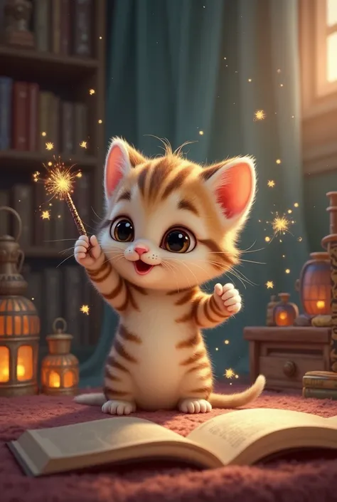 "A small, Disney-style kitten with round, shiny eyes and soft, striped fur, playing with a tiny magic wand. As it waves the wand, sparkles and stars appear around it. The background is a cozy, fairy-tale-like room with books, potions, and glowing lanterns....