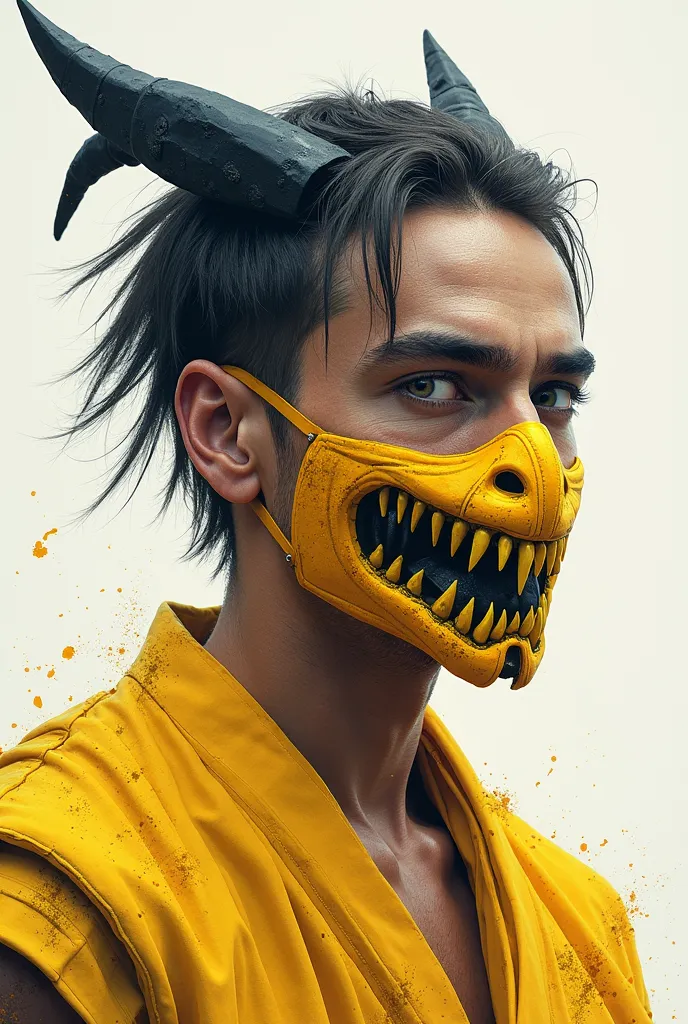  portrait,  man,  realistic, (Scorpion white cloudy eyes, black top of the head , yellow mask with teeth, yellow sleeveless kimono, Mortal Kombat 1, 2023), 8 k, cinematic,  watercolor style,  trending on ArtStation ,  clear focus , studio photography, intr...