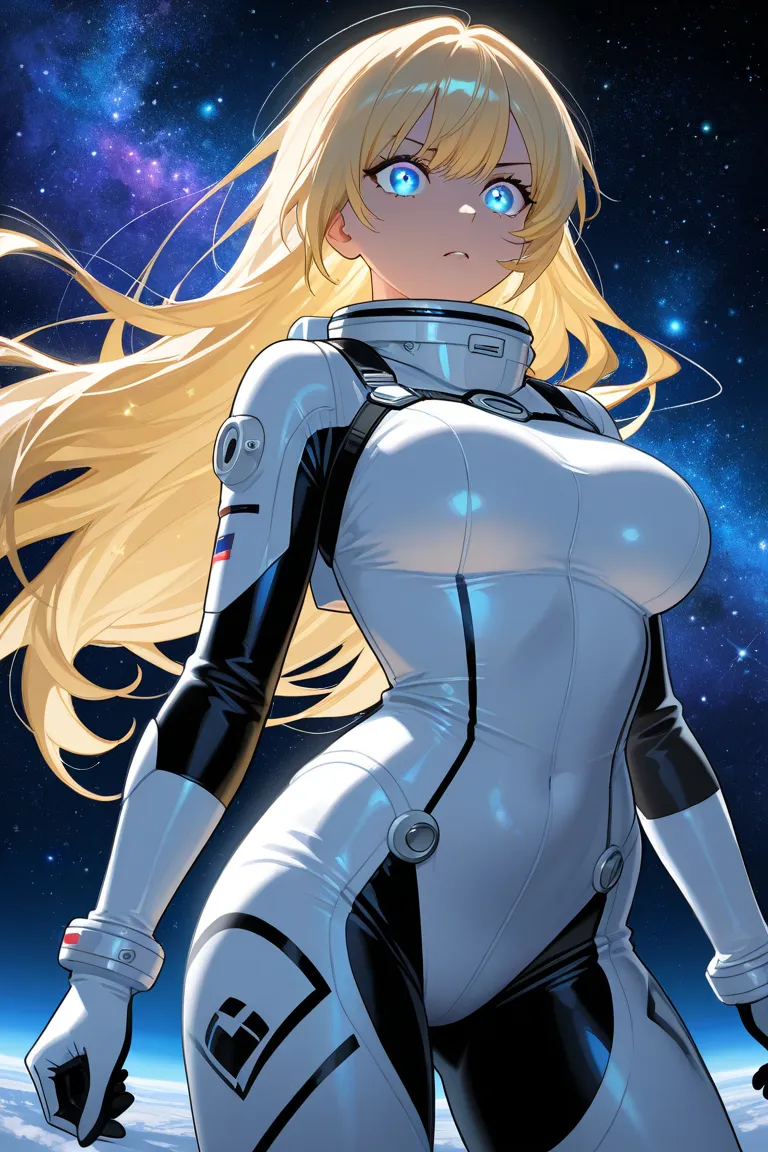 Blonde blue eyes astronaut girl, thicc.