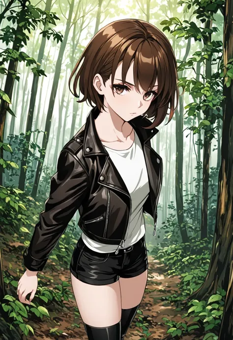   attractive woman ,  pale skin , Short Brown Hair. He has a leather jacket, white t-shirt and black shorts, short black boots.. is found in the forest. Full body anime style .