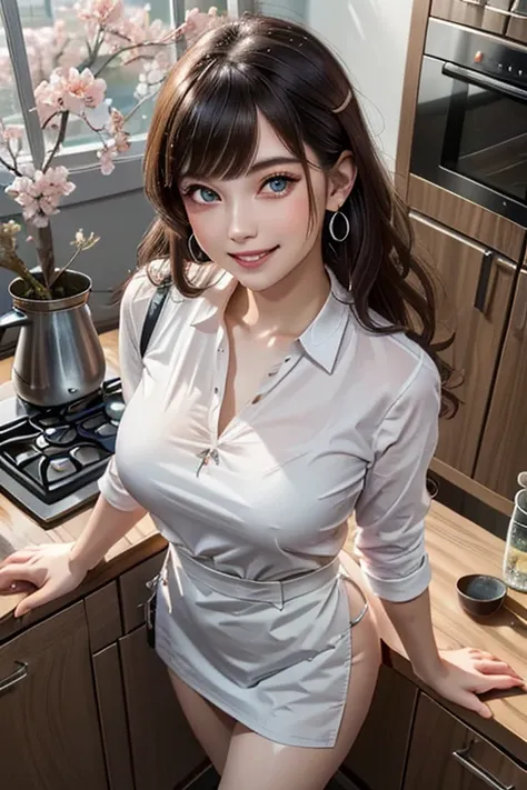 (from above:1.5),((1girl, blown hair, long hair, qutel blue eyes, beautiful eyes, pretty smile:1.5, ), coloring watercolor digital pencil ,Cherry blossoms falling,an animated painting of a woman in an apron standing at a coffee maker, 1girl, brown hair, so...