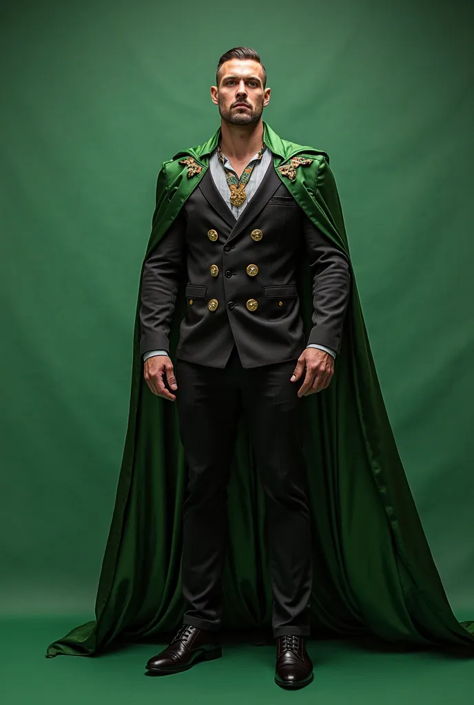 Handsome handsome muscular man undercut hair, Oviloss ocentista,well-cut black suit,, thin costumes very muscular,  black pants green cape green long green cape,big enormous arms, stronger musculous, bulge , juicy Pecs, Tiddies gigantic , Golden star wand ...