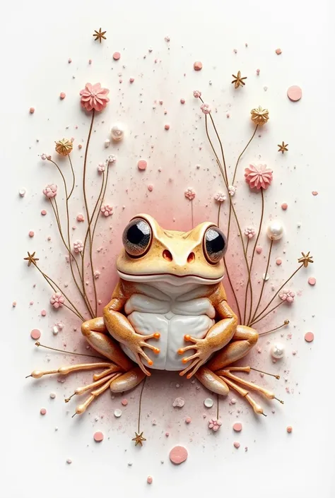 3d, Dessin au crayon, white background, shades of brown ,  light pink and taupe, filaments graphiques et abstraits, Haute définition, Add to the center a frog, ornements pearls and stars en parfaite harmonie avec l'ensemble de l'image