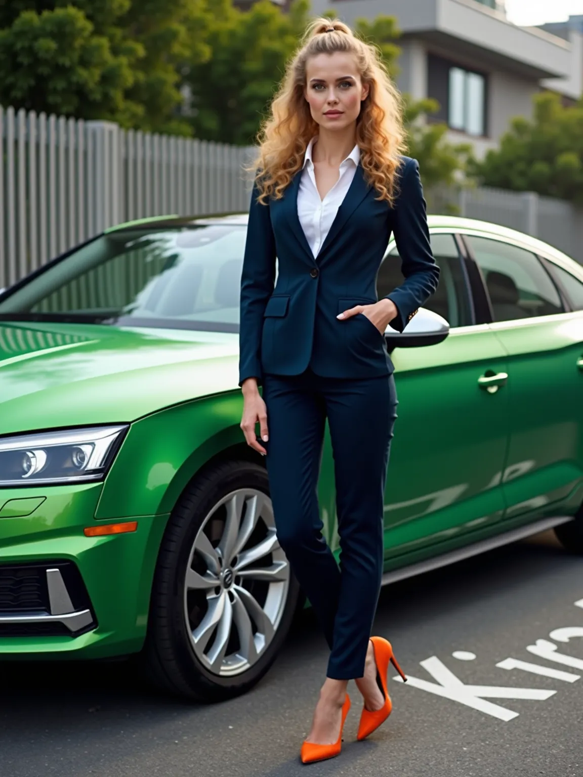   A 22-year-old,  Very pretty slim, 178 cm tall woman with bright emerald green eyes and blond curly hair,  that are tied in a ponytail , Is standing next to an emerald green metallic Audi A5. The light is on and the name Kira Aiflor is on the asphalt., Sh...