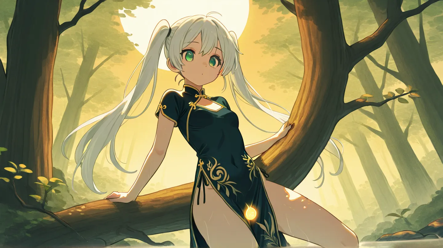 mabibogi Napoor　wizard　The tip of a tree branch is C-shaped　black china dress　white hair　twintails　Mabinogi