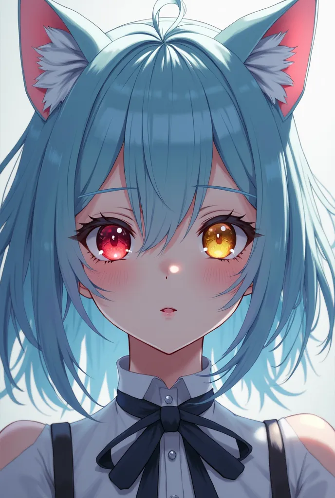 Anime girl with sky blue hair and black eyebrows with one red eye and one yellow eye And cat ears 