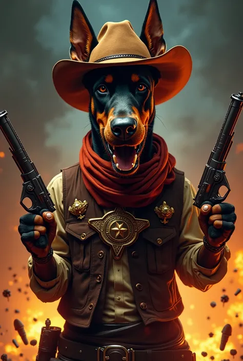 A movie poster pose, full body, a beautiful dog, Doberman, it wears a Stetson cowboy hat, it wears a vest and a Scarfe around its neck, a sheriff's badge is disparity on her vest, a large longhorn steer belt buckle holds up brown trousers, a twinkle in its...