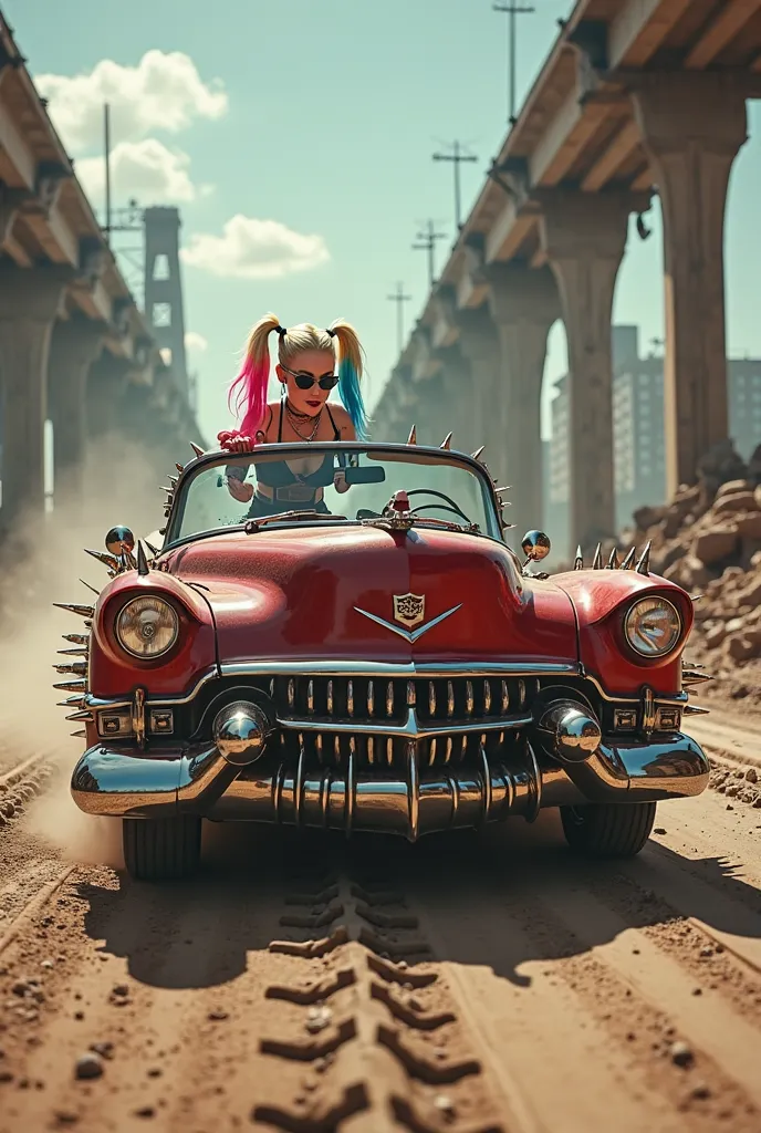 Harley Quinn blonde hair half pink half blue and a faithful image of an old rusty 1955 Eldorado Cadillac with spikes and spikes on the hood, military style with modifications,  he runs along a destroyed viaduct in the middle of a post-apocalyptic city , st...