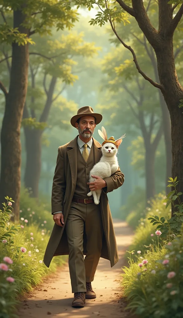 A man is walking along a forest path with a white cat on his lap. The cat is wearing a beehive costume.