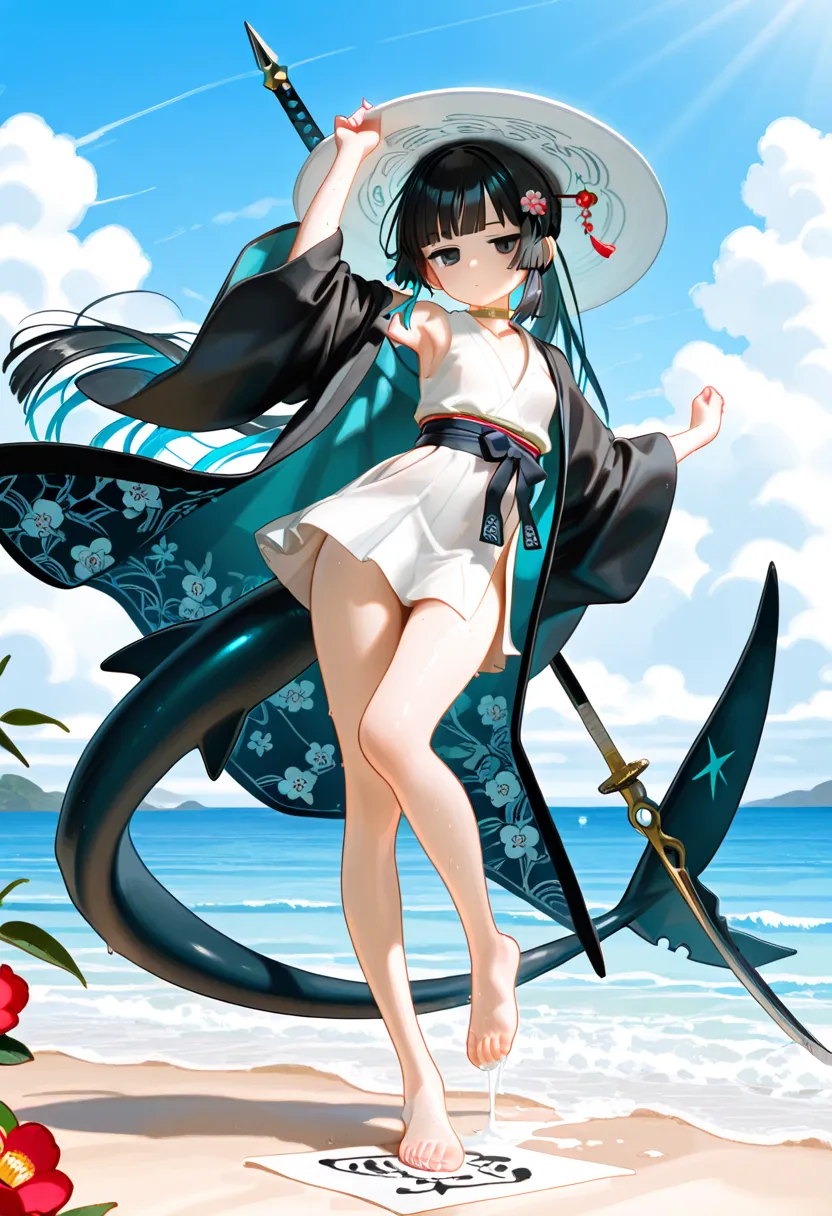 1girl, black eyes, jitome(0.5), Black Hair, red Gradient Hair, glowing hair, blunt bangs, hime cut, ponytail, black shark tail, small Breast, black haori, white cloth, side slit long skirt, skirt with a floral pattern on the inside, Colorful floral lining,...