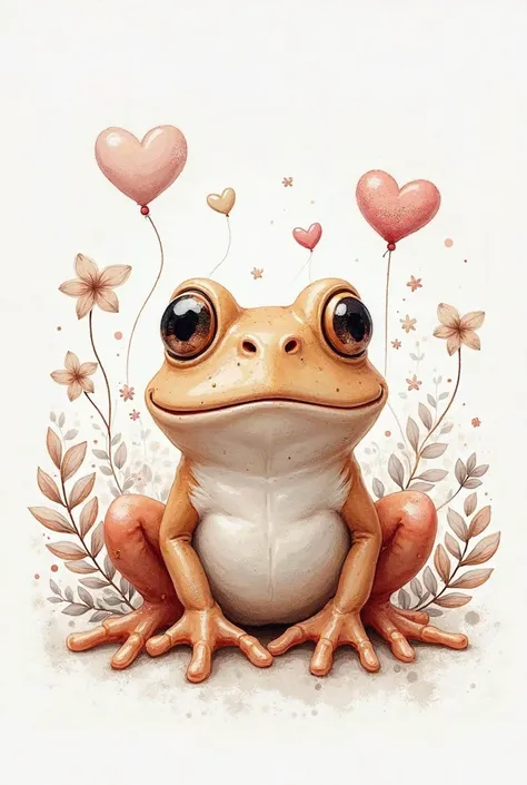 3d, Dessin au crayon, white background, shades of brown ,  light pink and taupe, filaments graphiques et abstraits, Haute définition, ajouter au centre a cute frog, ornements pearls and stars en parfaite harmonie avec l'ensemble de l'image