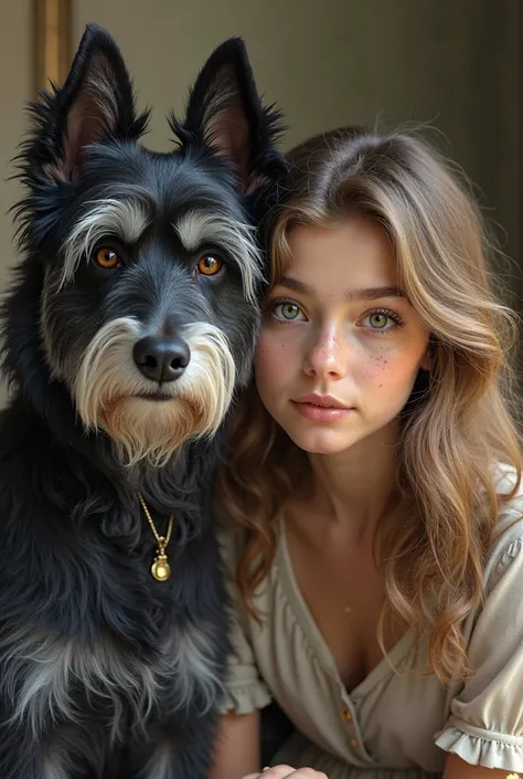 Dog with longer black hair with a little bit grey and a 20 year old woman with brown green eyes and freckles and dark blond wave hair 