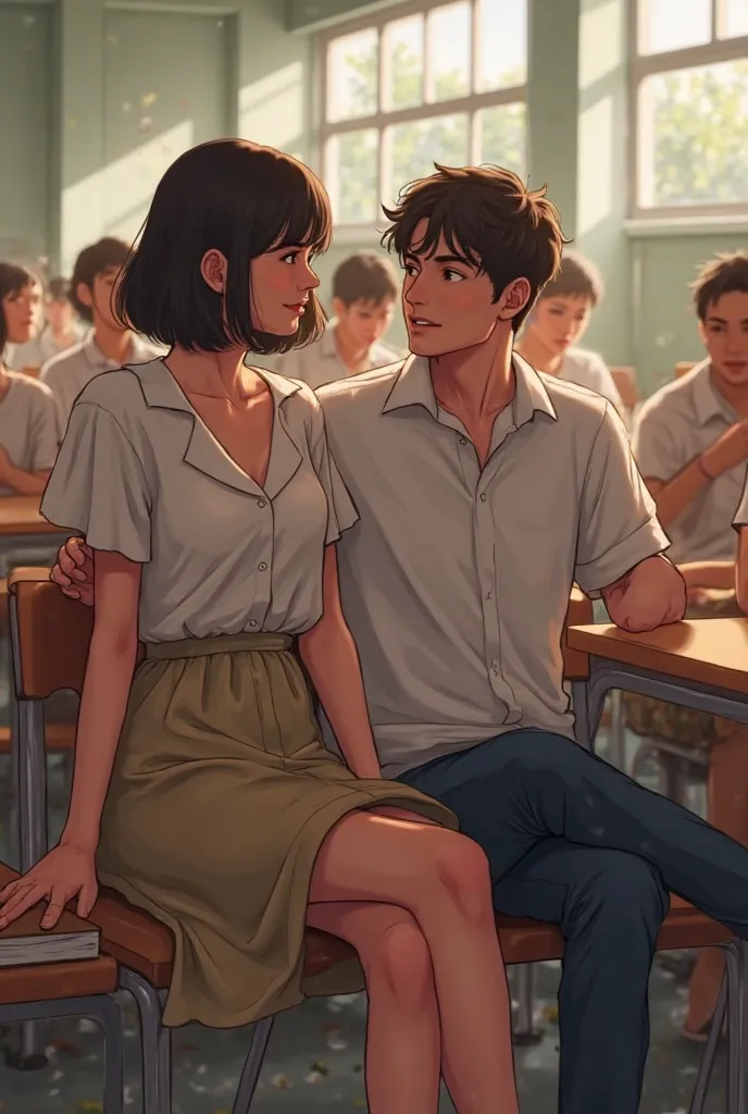 I want a  wearing a skirt and her hair is short while sitting her boyfriend in class